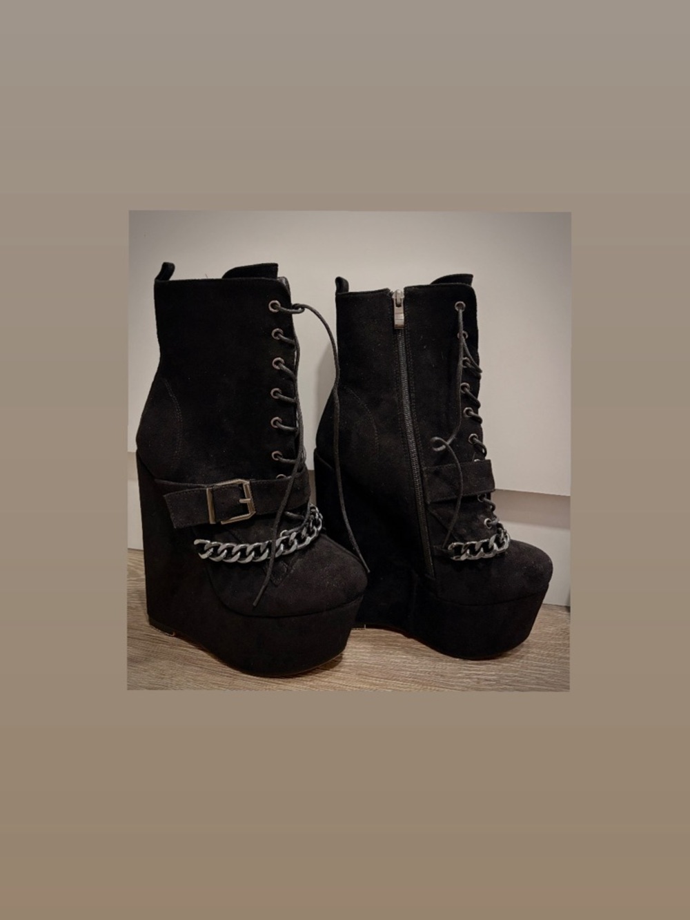 Black Suede Lace-Up Platform Wedge Boots with Chain Accent